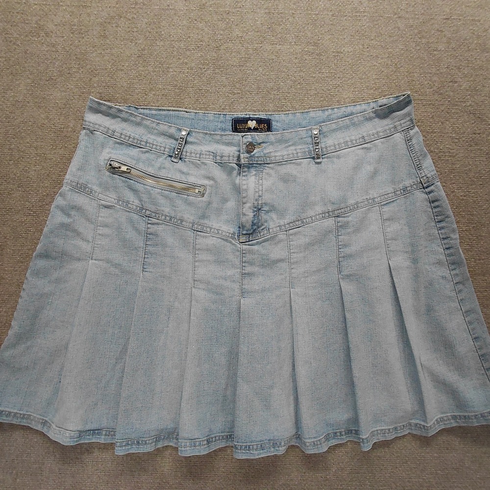 Vintage Y2k Luxury Blues Light Blue Faded Sparkle Pleated Denim Skirt Size 21/22